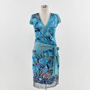 Vintage ANAC by Kimi Mesh Butterfly Dress Size M Fairycore Blue Floral Y2k Wrap